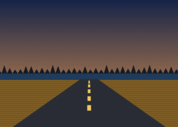 Highway past a Manitoba lake and spruce forest at dusk
