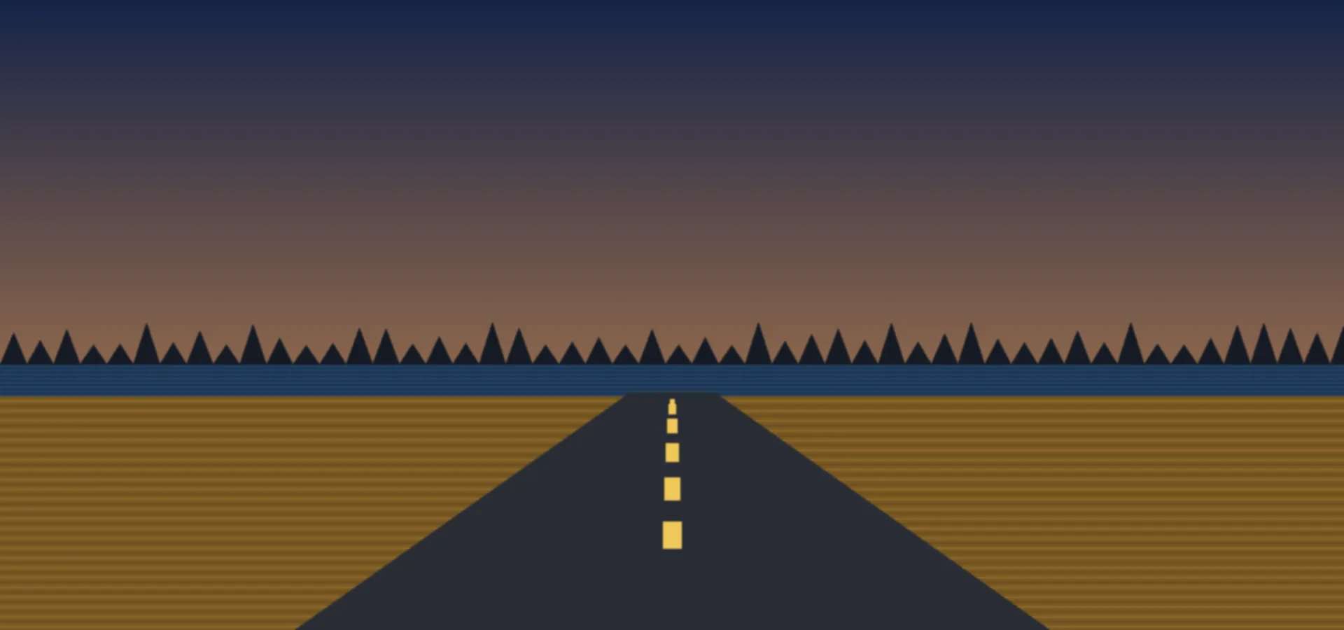 Highway past a Manitoba lake and spruce forest at dusk